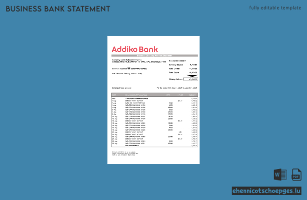 Beispiel eines Kontoauszugs für bosnische Addiko-Unternehmenskonten (Word- und PDF-Datei)